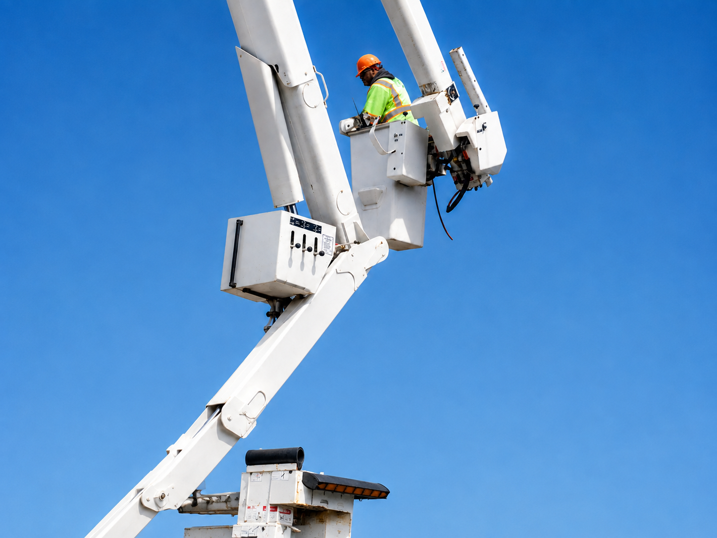LJS Electric crew member in bucket lift on job site
